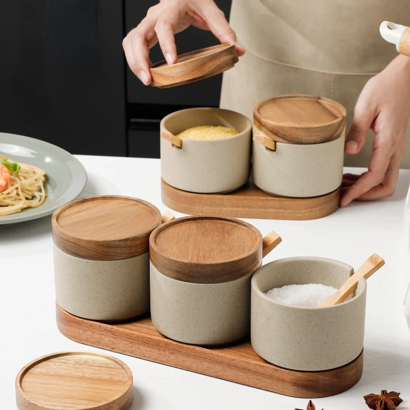 Ceramic Seasoning Jar Set Household Kitchen Sugar and Salt Jar with Lid Large-capacity Food Storage Box Kitchen Container