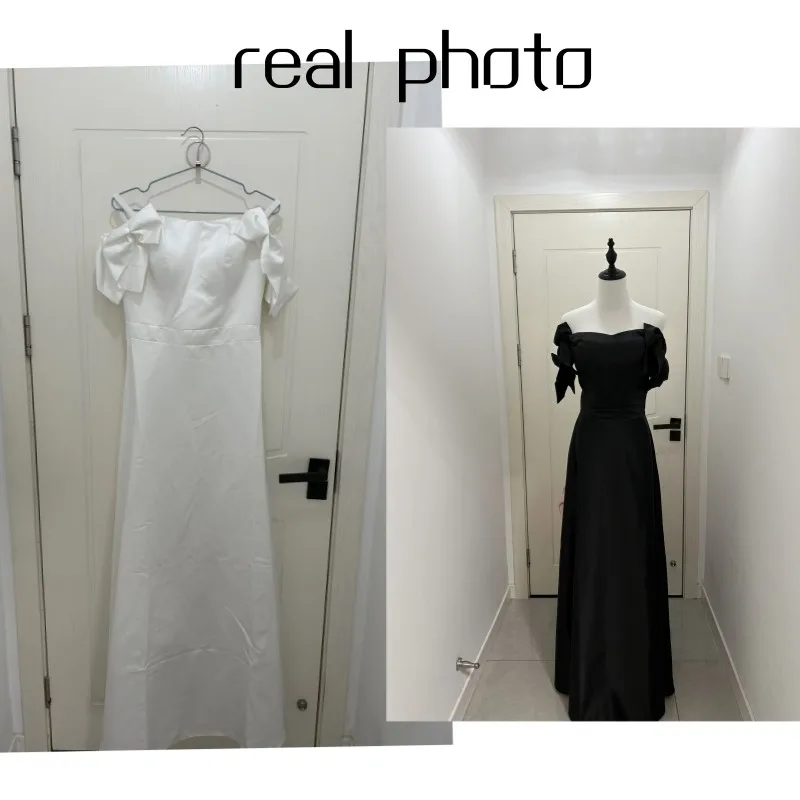 Sweet Bow Off The Shoulder Wedding Dresses Satin Black Evening Dress Elegant Floor-length A Line Simple Bridal Dress Customized 6