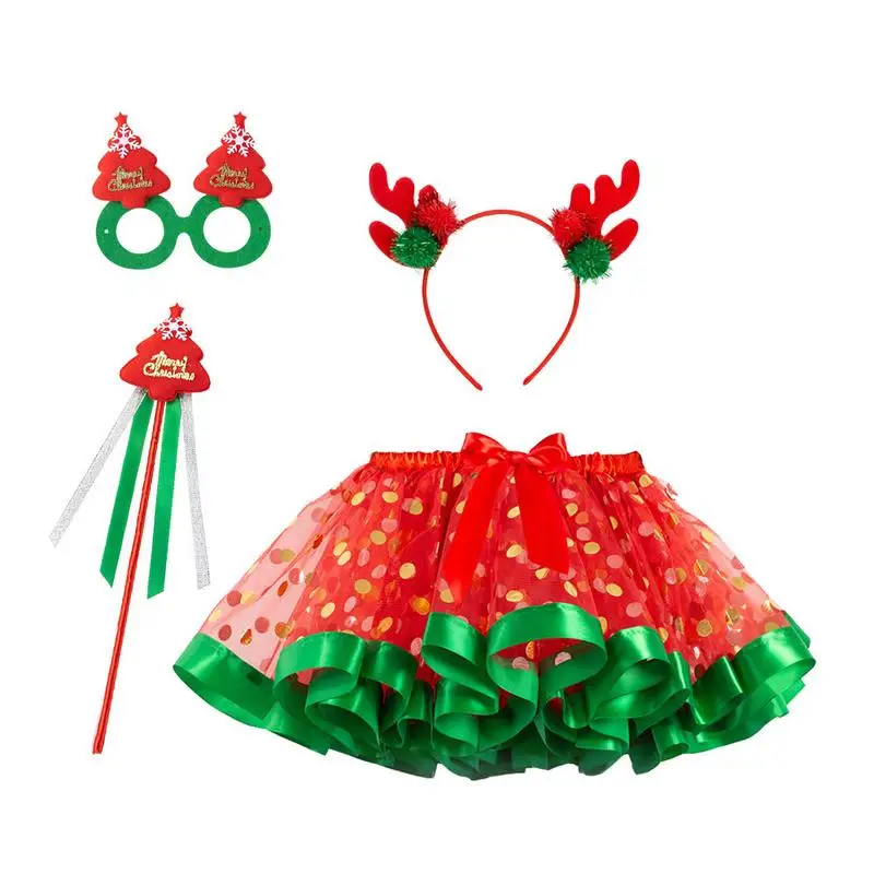 

Girls Christmas Tutu Antler Headband Party Skirts Layered Ballet Tulle Holiday Costume with Fairy Wand & Glasses for Kids Girls