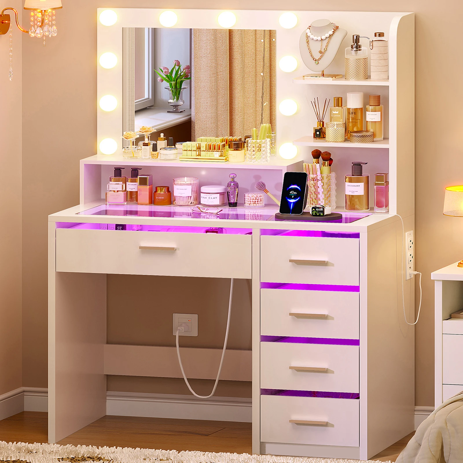 Vanity Desk with Mirror and Lights, Makeup Vanity with Glass Top, 3 Colors LED Lights & Power Outlet, White Vanity with 5 RGB Dra