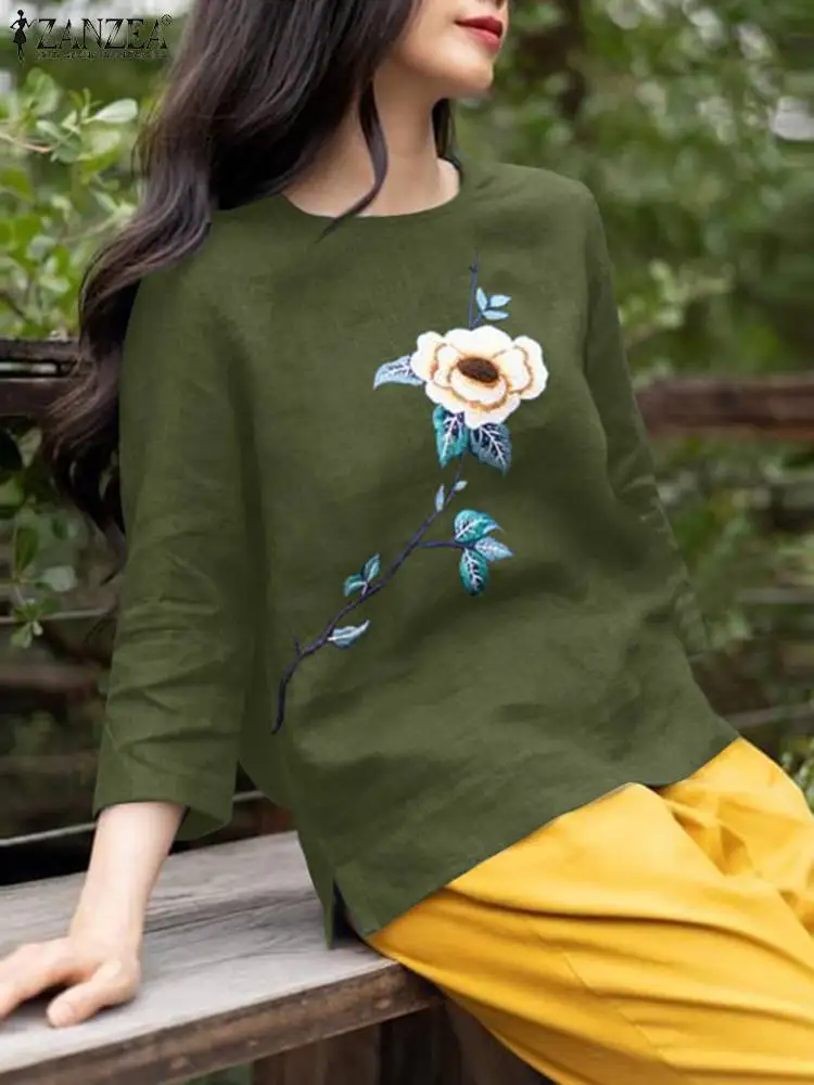 

Women Floral Embroidery Blouse ZANZEA Elegant Cotton Shirt Summer O Neck 3/4 Sleeve Tunic Tops Casual Work Holiday Blusas Mujer