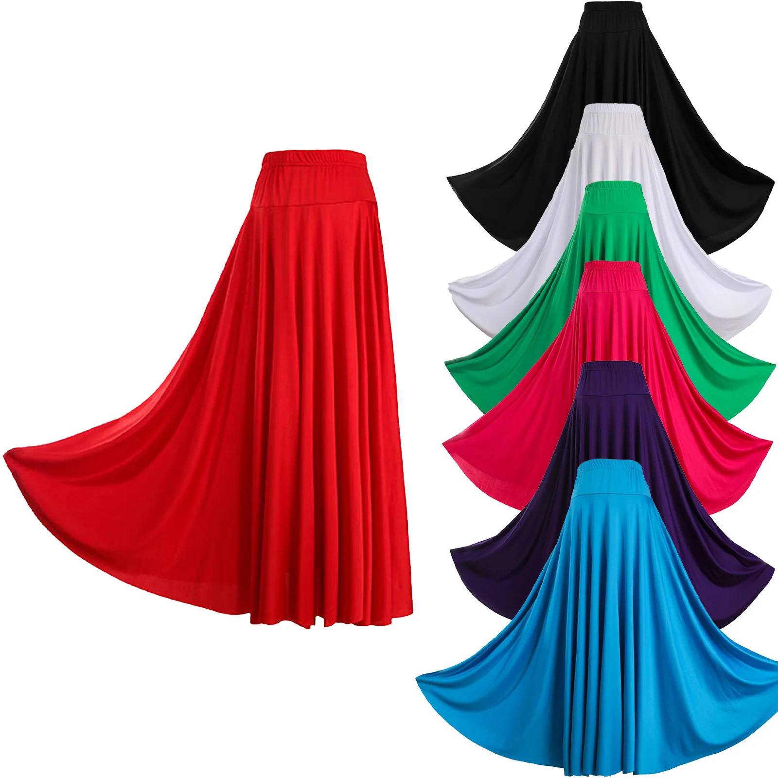 Womens Spanish Flamenco Swing Skirt Solid Ballroom Dance Long Skirts High Waist Elastic Waistband Ruffle Performance Costume