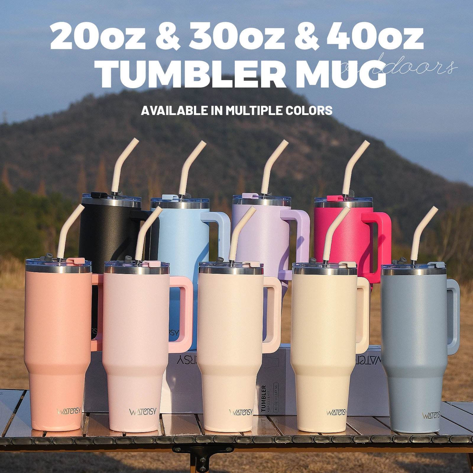 WATERSY 20/30/40oz Tumbler with Handle & Straw, Large Capacity Stainless Steel Thermal Cup, Vacuum Insulated Mug for Car, Travel 1