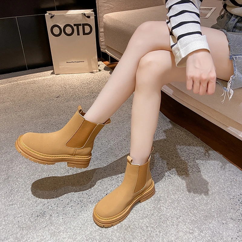 2023 Autumn Classic Pu Leather Ankle Boots Thick Bottom Women's Round Toe Ankle Boots Shoes Handmade Thick Heel Chelsea Boots