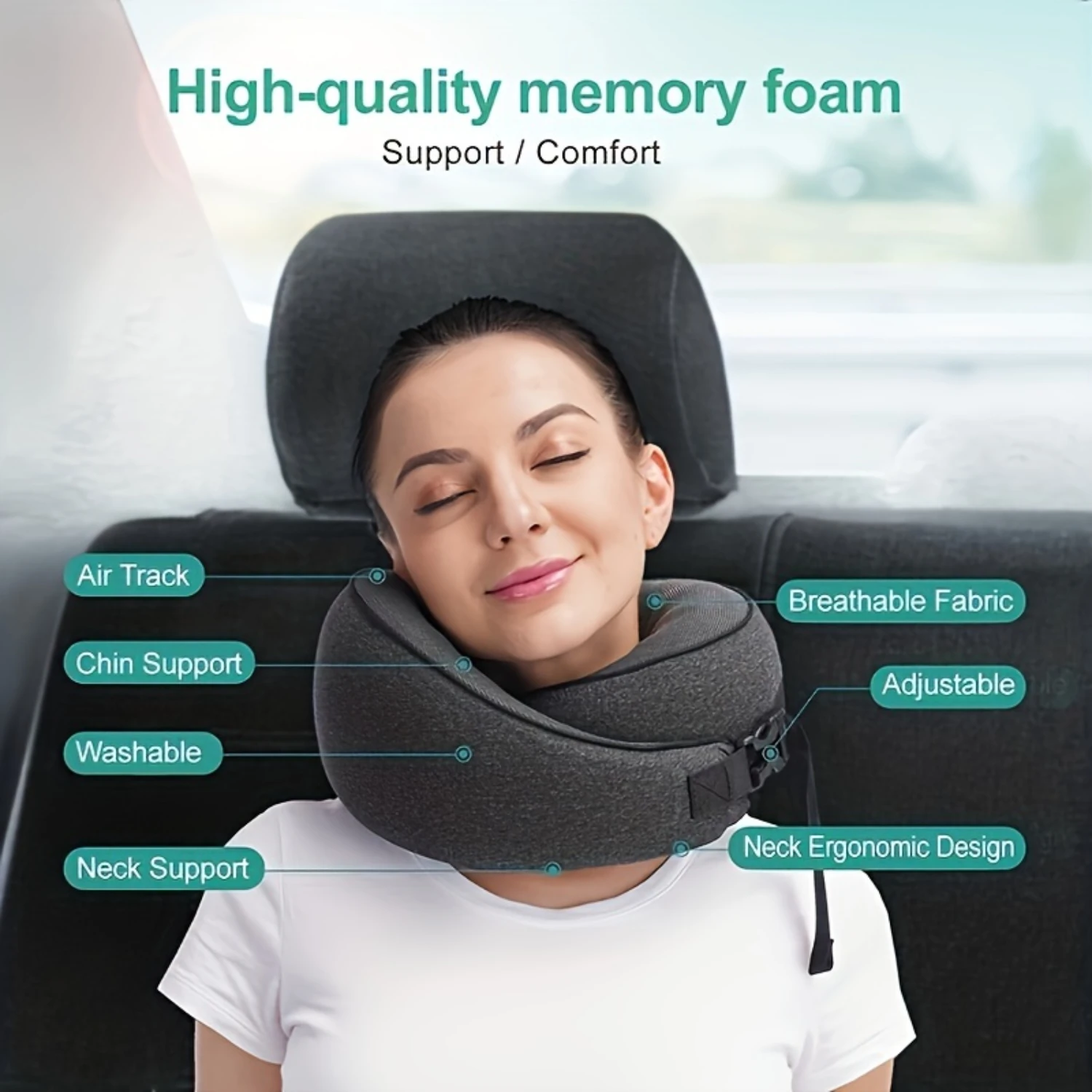 Comfortplus Soft Polyester Memory Foam Travel Pillow-Breathable, Washable Cover, With Carry Bag-Ideal for Airplane Use