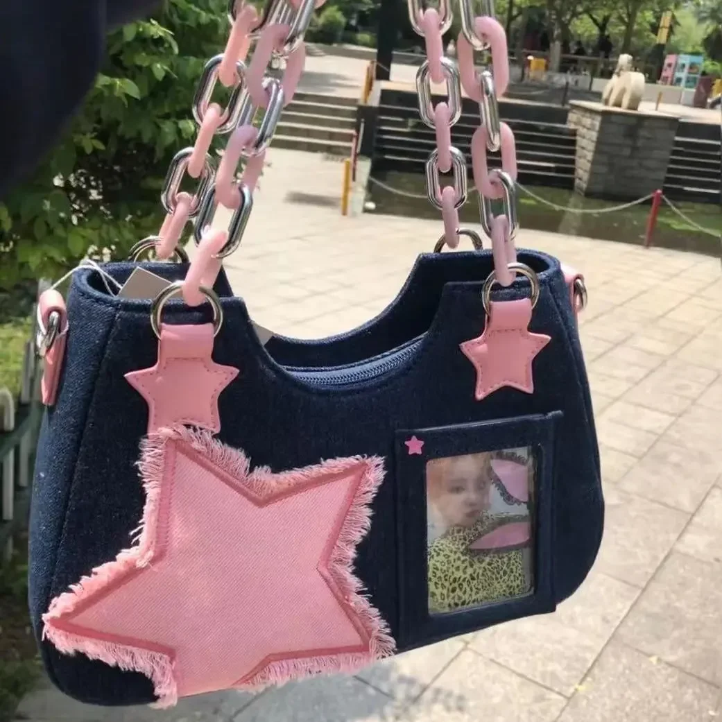 

Vintage Korean Fashion Shoulder Underarm Harajuku Star Tote Denim Bag Chain Ladies Bags Zip Purses Bagutte Handbags Women