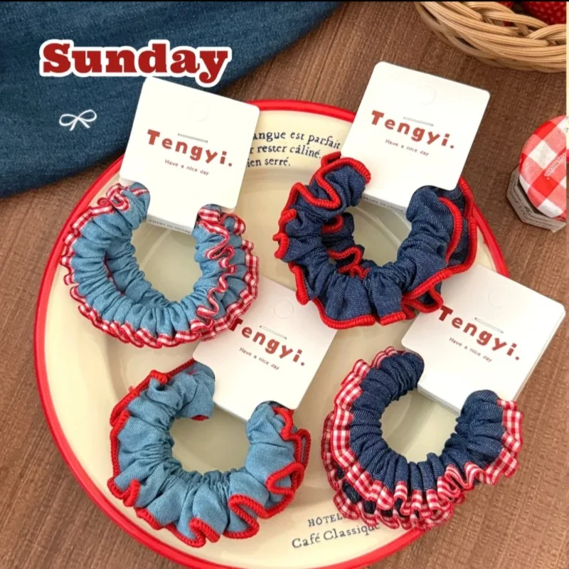2-teiliges Set Damen-Haargummis, Koreanische Spitze, Süße Hochelastische Denim-Haarbänder, Hochwertige Haaraccessoires – Detail 7