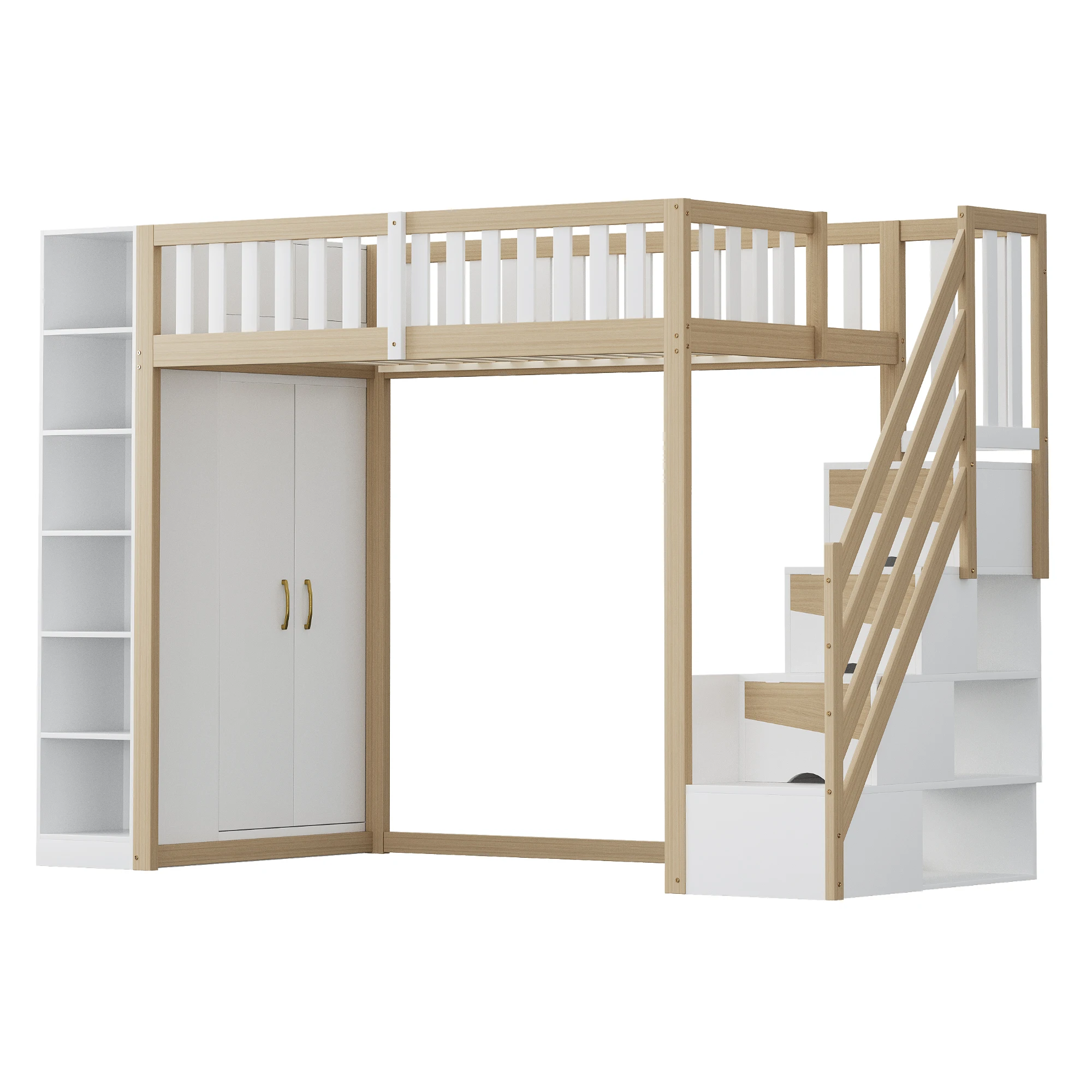 Multifunktionales Hochbett 90x200cm mit Regalen, Aufbewahrungsschrank und großem Kleiderschrank, Sicherheitsleiter mit Staufächern – Detail 18