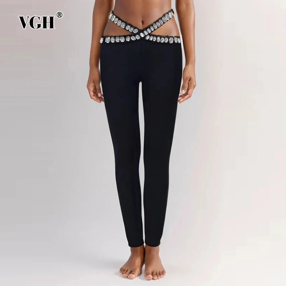 

VGH Hollow Out Solid Patchwork Diamonds Pants For Women High Waist Minimalist Slimming Long Pant Female Clothing Fashion Style