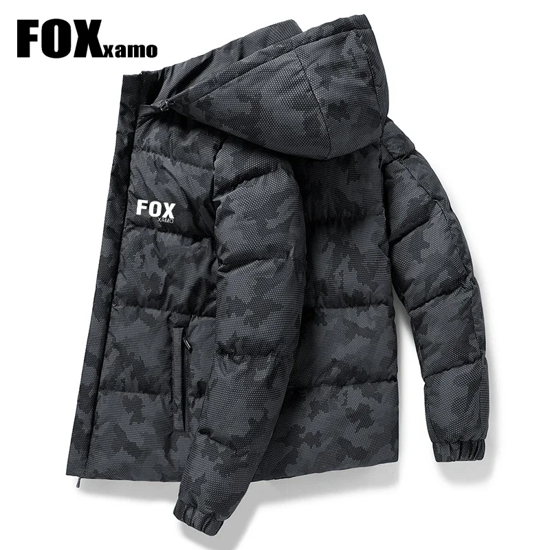 Foxxamo 겨울 남성 사이클링 재킷, 바람막이 짧은 다운 파카, 위장 퍼퍼 코트, 야외 남성 후드 바람막이
