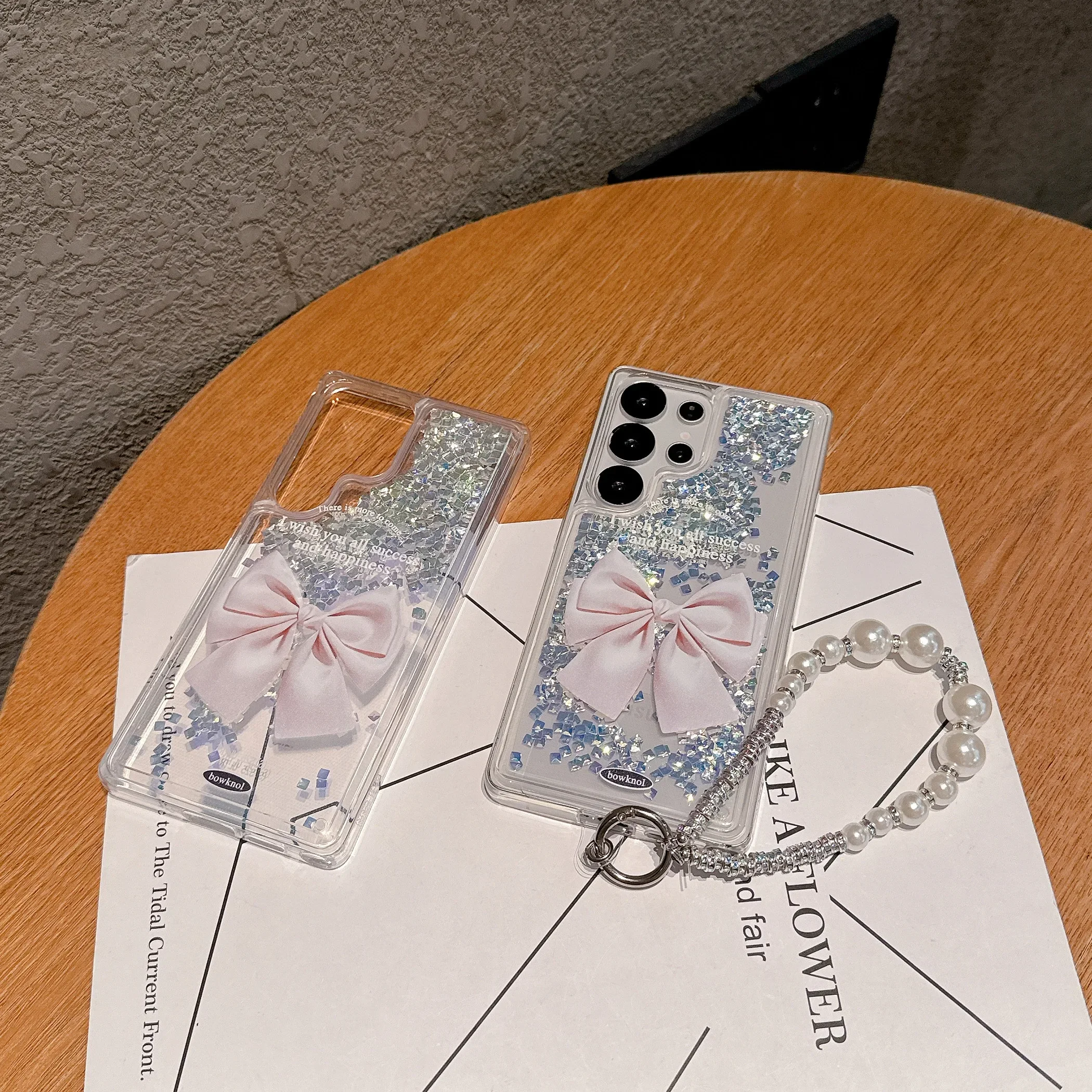 Luxury Luminous Quicksand Glitter Phone Case with Big Bow and Lanyard