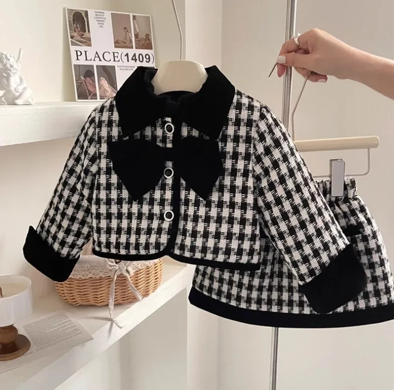 

Retail 2023 New Baby Girls Winter Fall Formal Lady Sets, Bow Coat + Skirts Princess Christmas Black Plaids Suits Girl 2-7T