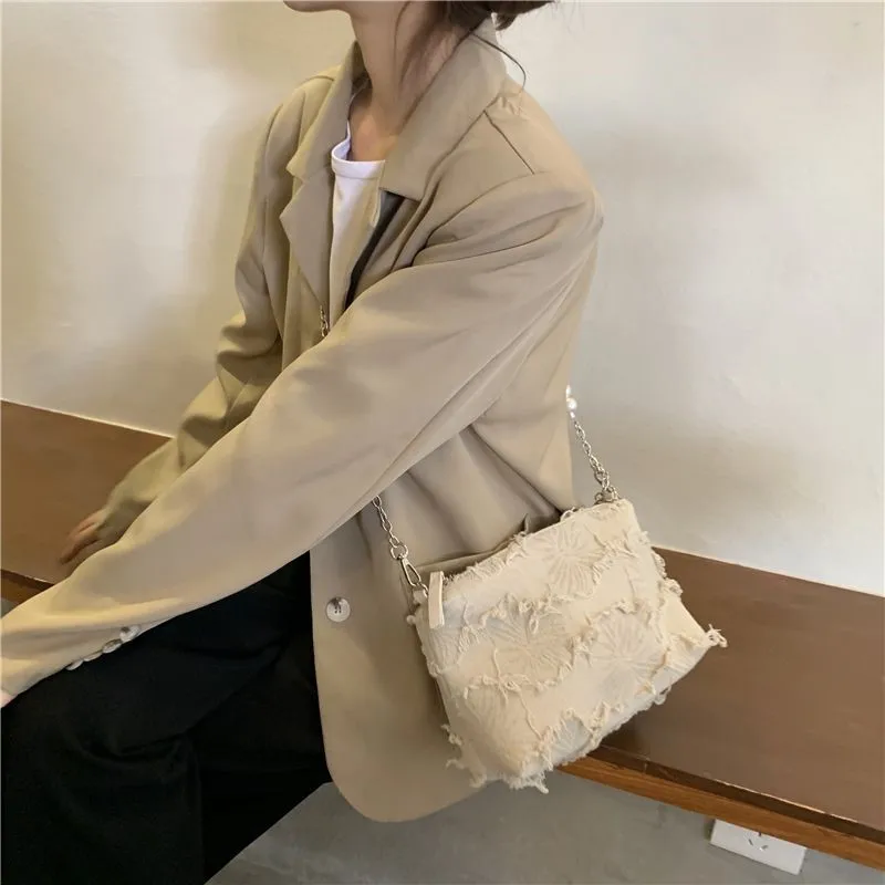 JIAERDI Harajuku White Large Capacity Tote Bag Women Retro Elegant Pearl Tassel Casual Shoulder Bag Female Elegant Handbag Purse