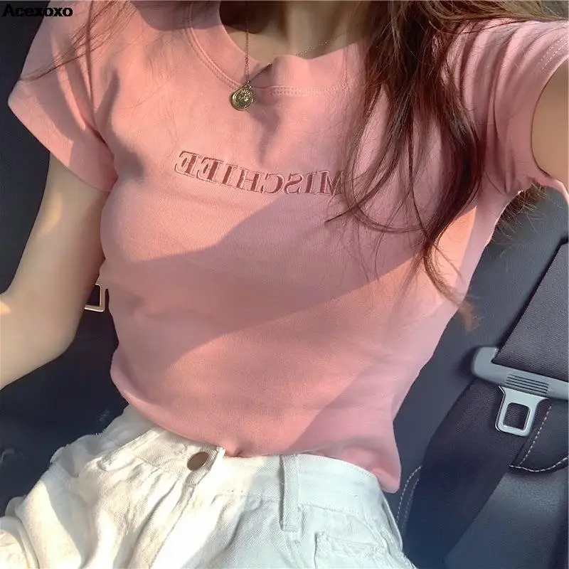 

Monogram embroidered slim short sleeve T-shirt woman