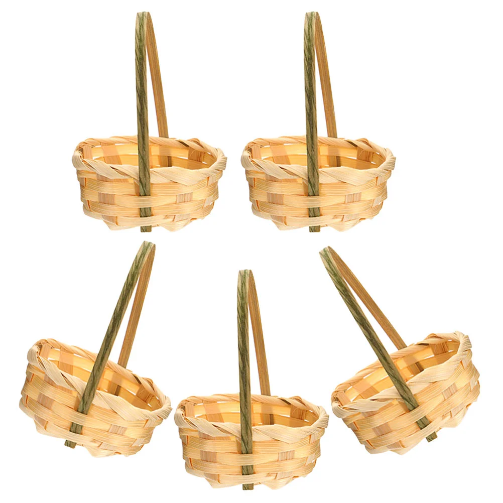 5 Pcs Bamboo Hand Storage Baskets Mini Flower Woven Candy Storage Basketss Hamper Weaving Tiny Small with Handle desktop snack organizer woven baskets decorative small for storage organizing hamper handmade bamboo woven storage bin basket