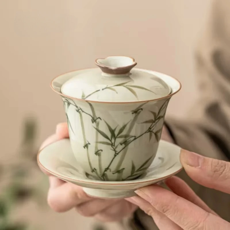 Hand Painted Green Bamboo Tea Tureen ceramic Chawan Gaiwan Supplies Puer Jingdezhen Bowl Cover Cup Chinese Porcelain Tableware
