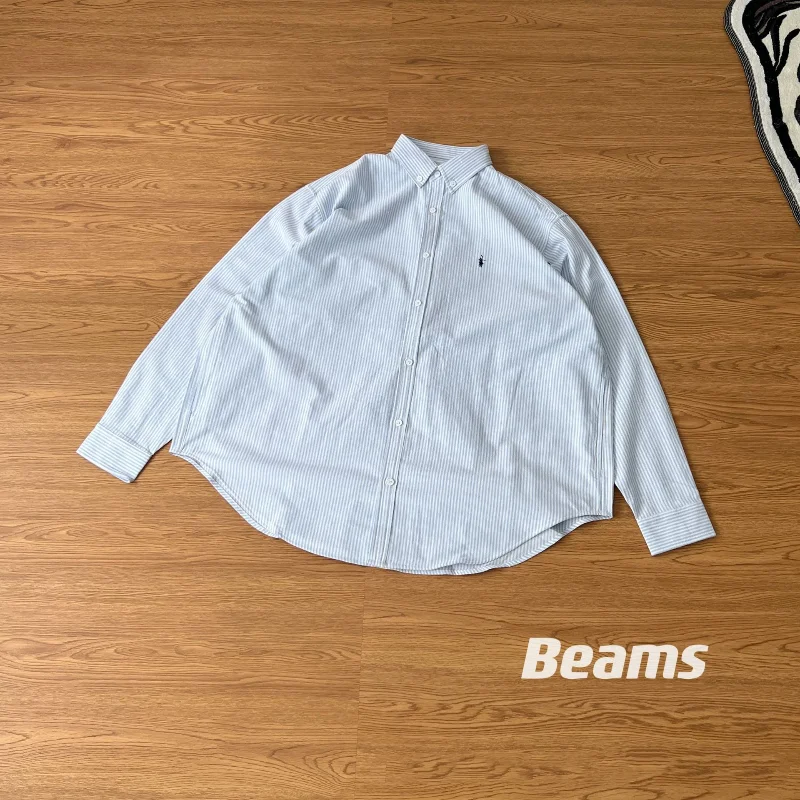 

Nautica Cotton Men's Long Sleeved Shirts Japanese Autumn Trend Versatile Stripe Spliced Simple Casual Loose Single Breasted Tops