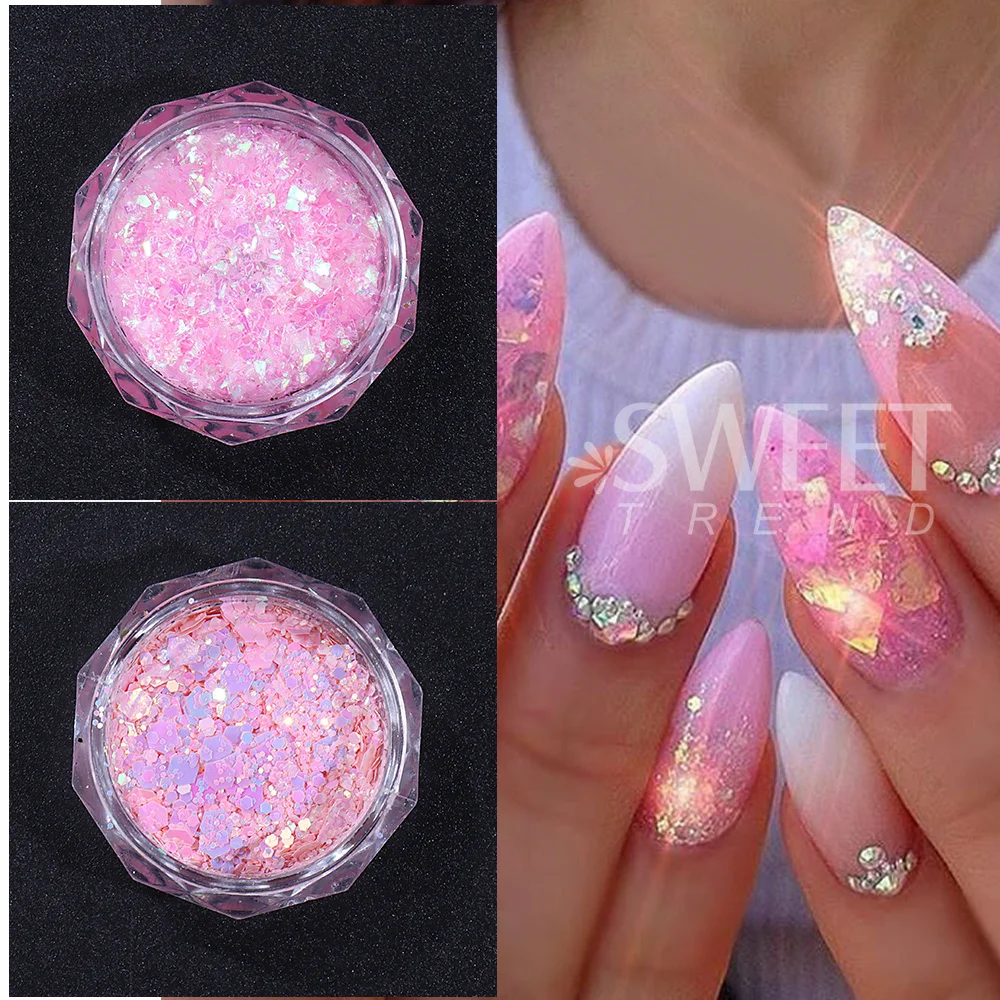 8pcs/set Pink Sugar Glitter Nail Powder Mixed Holographic Hexagon Irregular Nail Art Flake Sequins Pigment Manicure Decoration