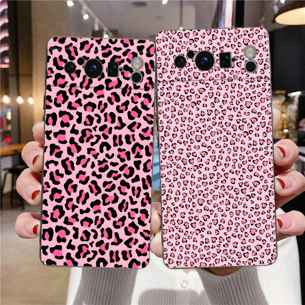 Luxury Black Soft TPU Phone Case with Pink Leopard Print Pattern