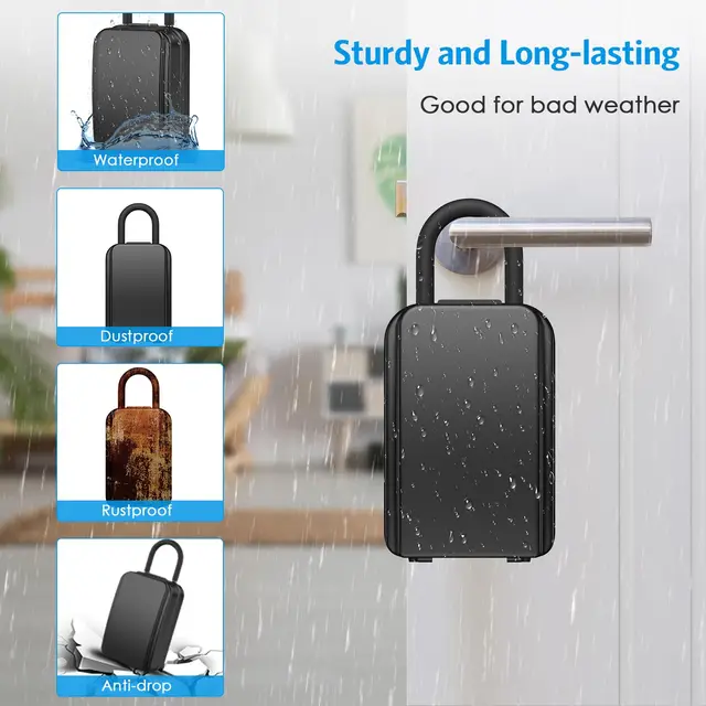 Outdoor Key Lock Box Waterproof Resettable Combination Lockbox with Spare Key Large Capacity Lock Box Portable Black Lock Box 5