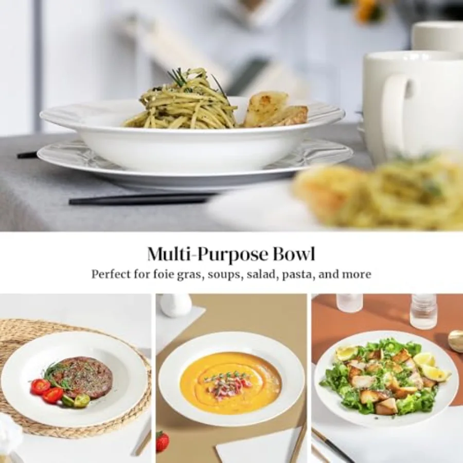 20 oz White Porcelain Soup & Pasta Bowls Set of 4 – Wide Rim Salad Plates 4
