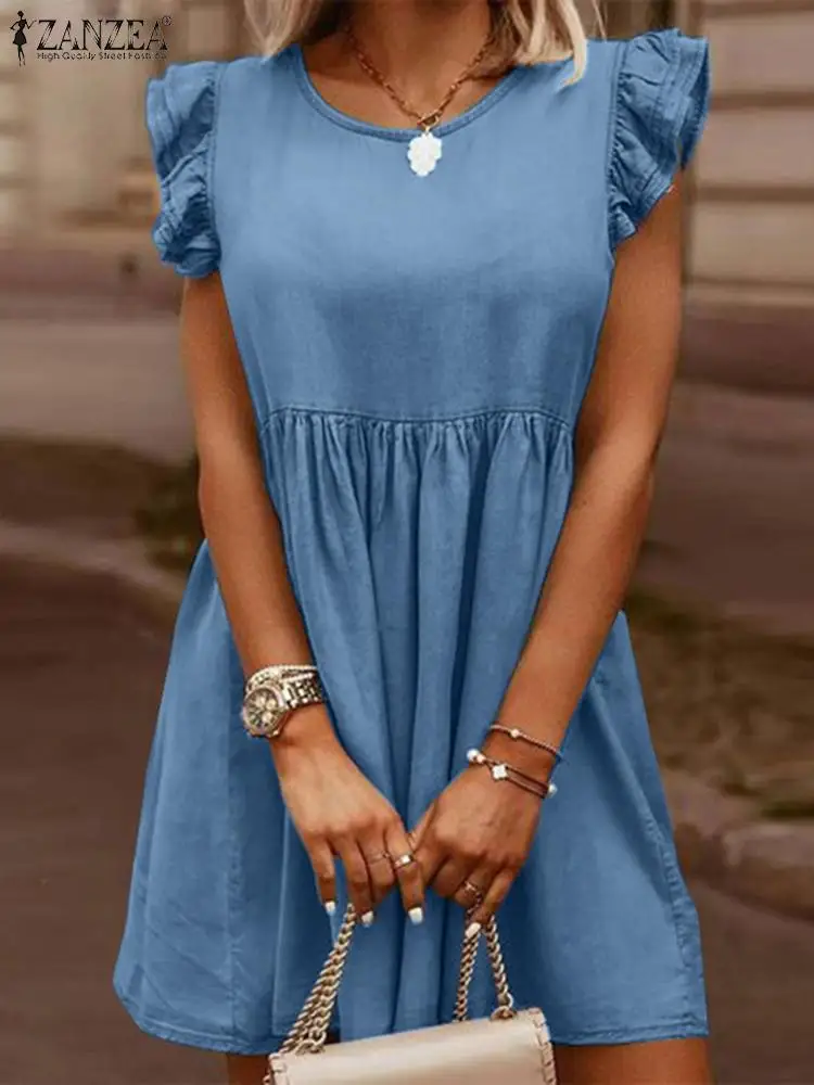 

ZANZEA Summer Women Stylish O Neck Sleeveless Ruffles Dress Casual Work Party Knee-length Vestido Kaftan Denim Blue Sundress