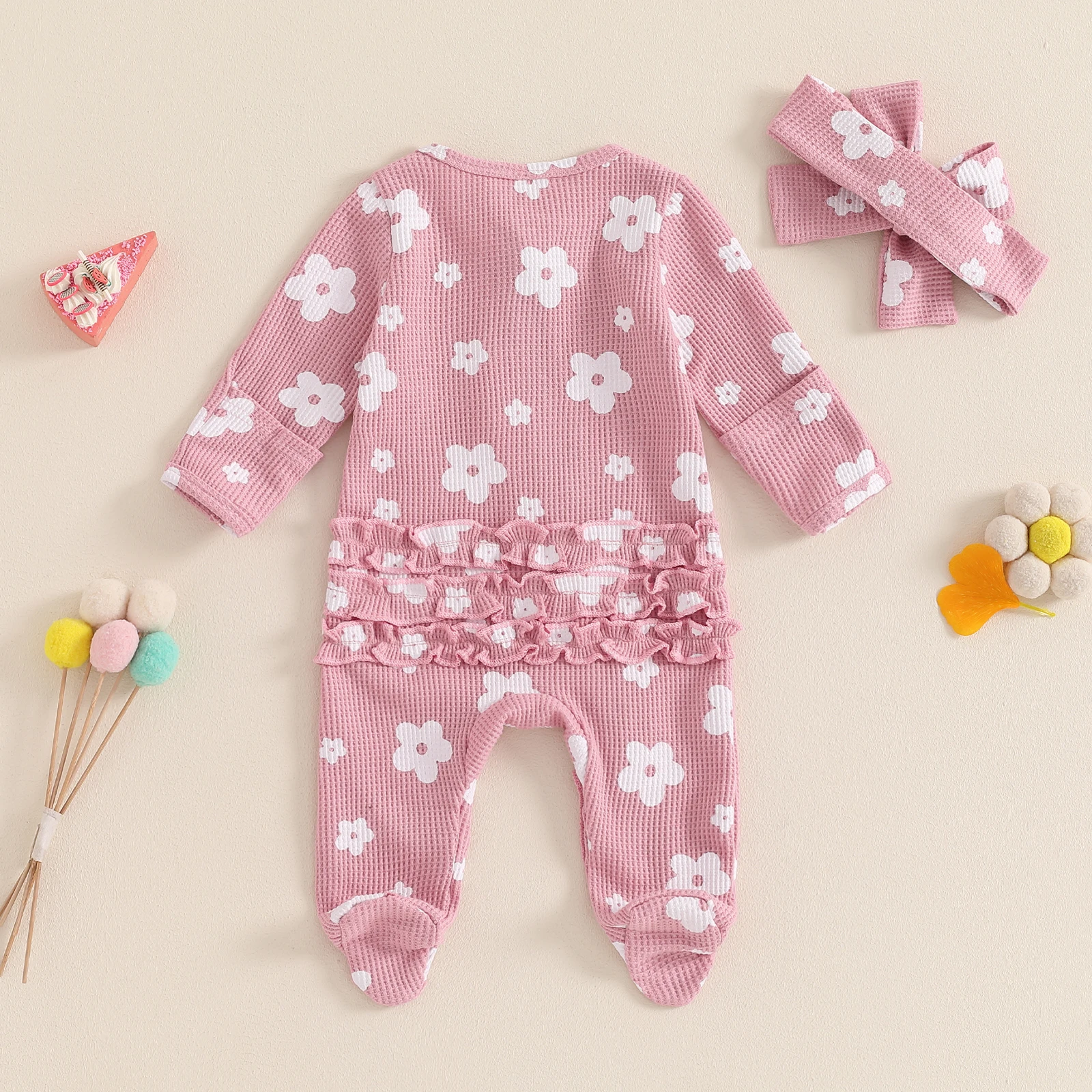 Toddler Baby Girls Floral Footies Jumpsuit and Headband Children Cotton Long Sleeve Frills Zipped Autumn Spring Kids Clothes baby clothes baby sleepsuit