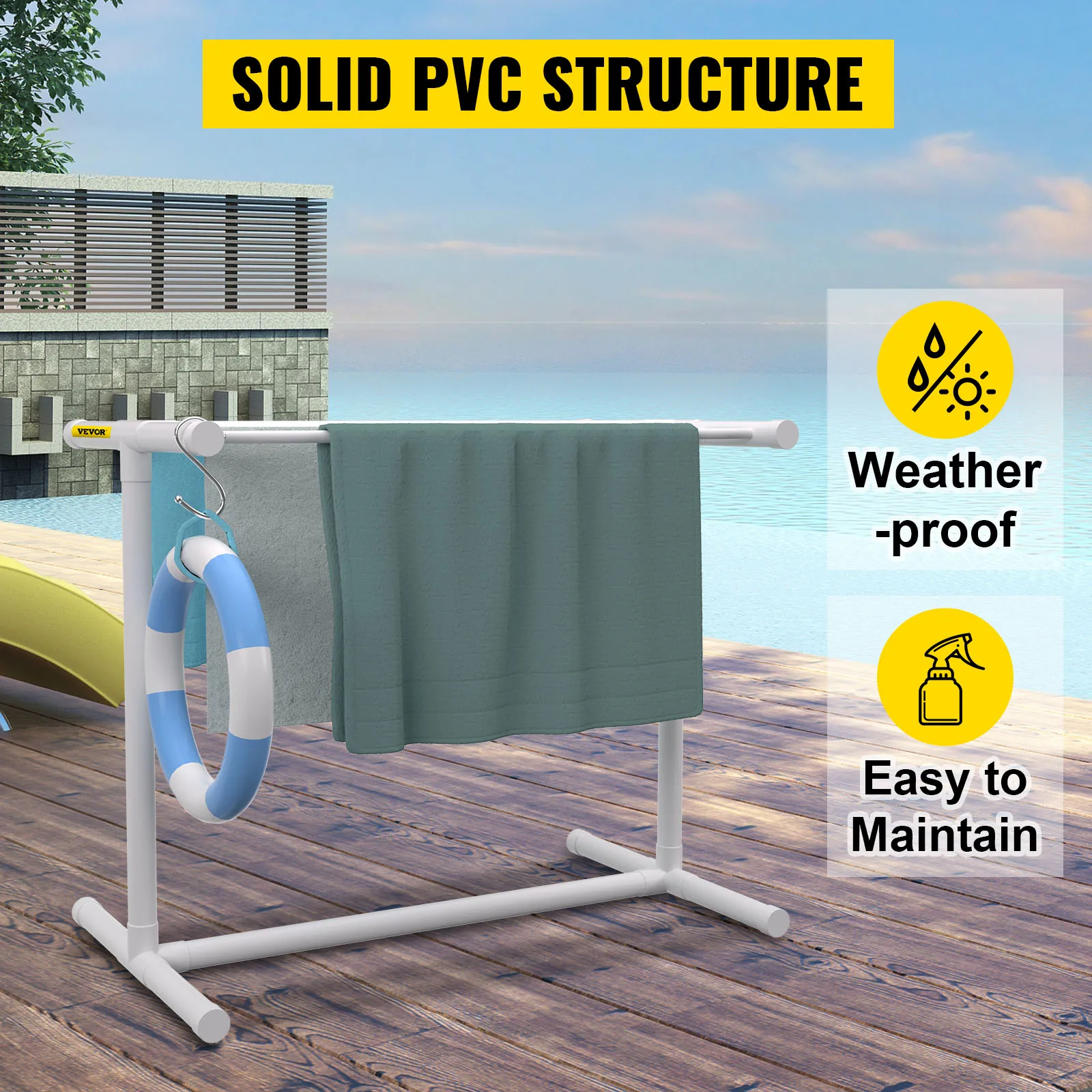 VEVOR 5 Bar Pool Towel Rack PVC T-shape White/Brown Freestanding Outdoor Poolside Storage Organizer W/ Stores Floats & Paddles