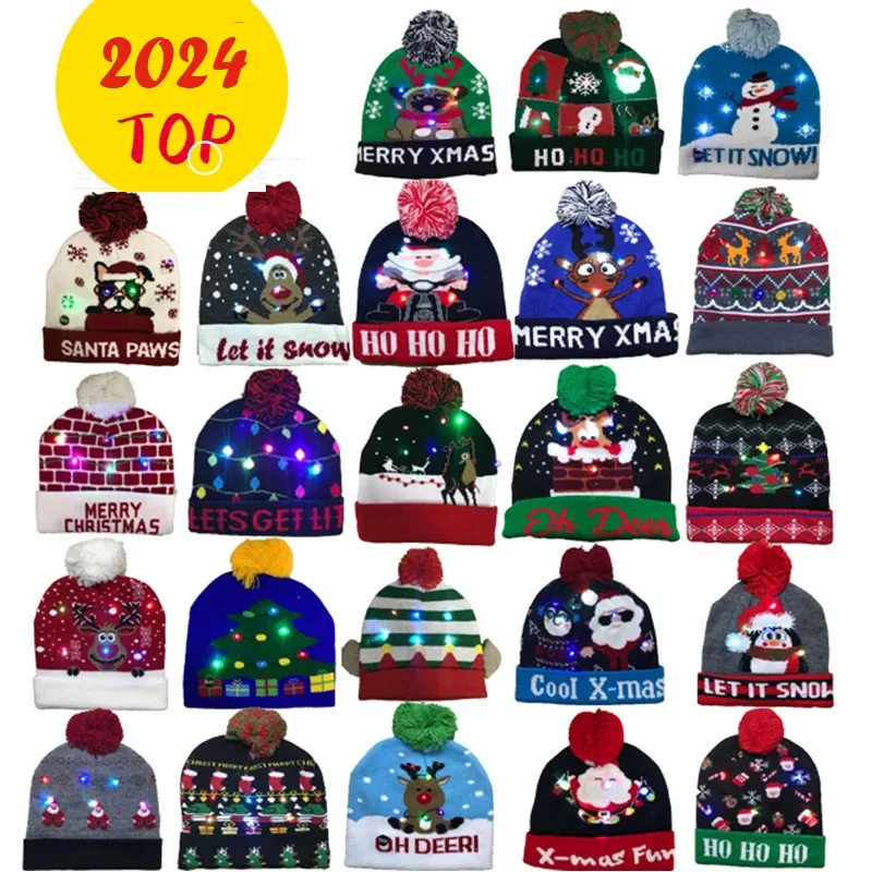 Knitted LED Christmas Hat Beanie Light Up Illuminate Warm Hat Christmas Tree Snowman Kids Adults New Year Decor