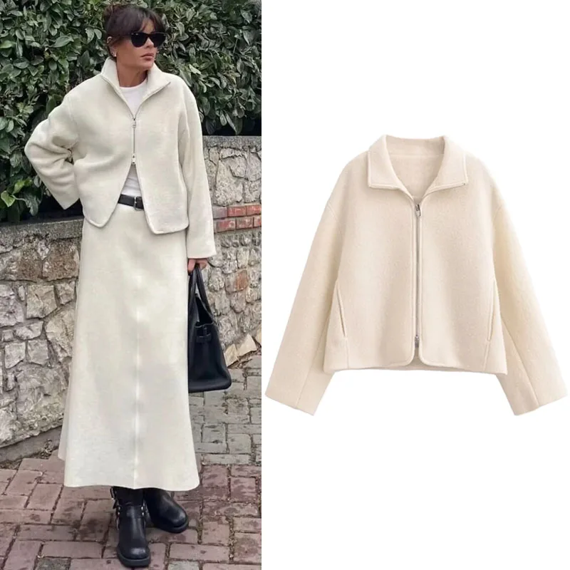 

TRAF White Crop Jackets Set Skirt For Woman Zip-Up Outerwears Female Long Sleeves Lapel Coats Women Front Pockets Windbreaker