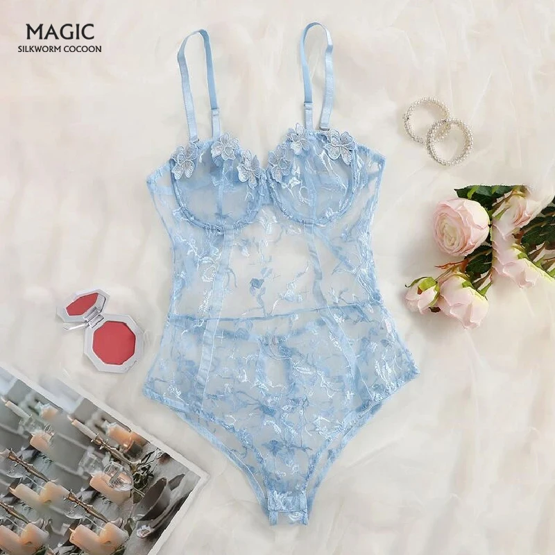 New Women Lace Embroidered Sling Bodysuit Sexy Backless Strap Bra One-piece Mesh See-through Erotic Lingerie |
