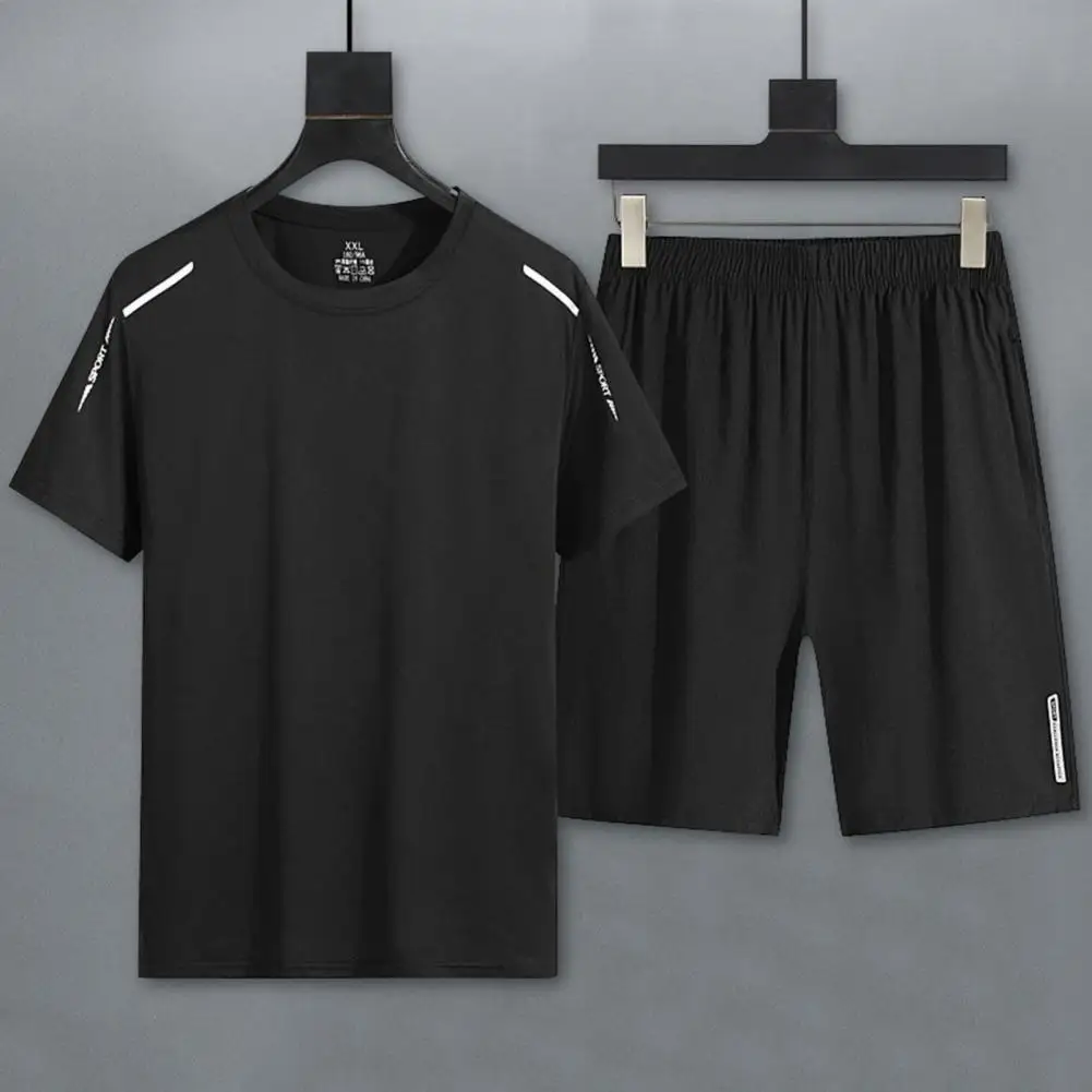 

1 Set Men Tracksuit Summer O Neck Short Sleeves T-shirt Shorts Set Solid Color Breathable Pullover Two-piece Set Men Clothing