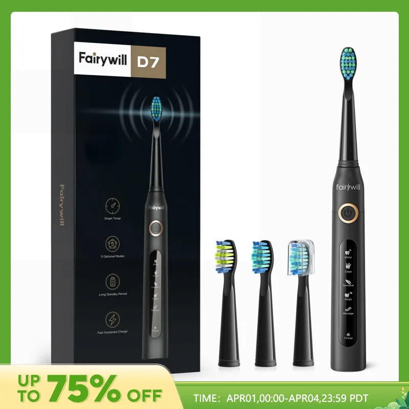 Fairywill-cepillo de dientes eléctrico sónico para adultos, recargable por USB, FW-507, resistente al agua, cabezales de repuesto
