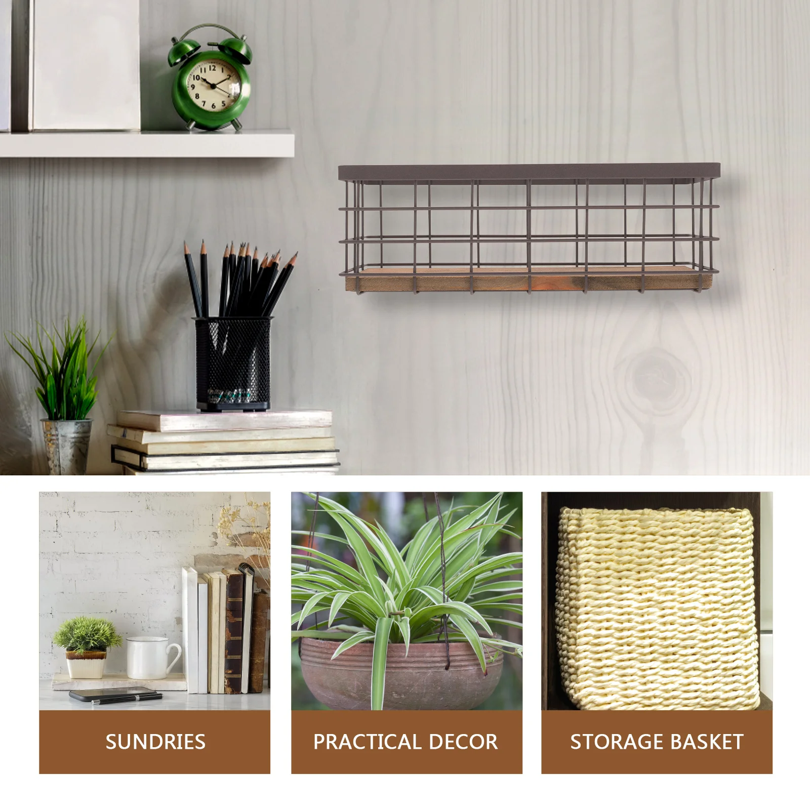 

Wall-mounted Wired Storage Rack Desktop Storage Basket Wood Board Basket