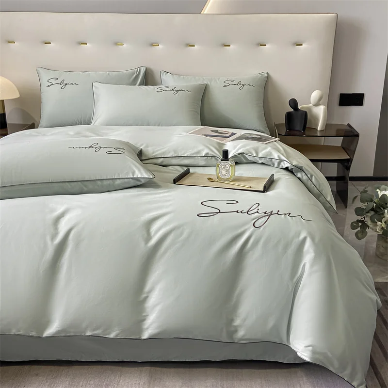 Luxury Embroidery Bedding Set Egyptian Cotton 400TC Duvet Cover Flat Fittedsheet Single Double Queen King Quilt Cover Pillowcase 2