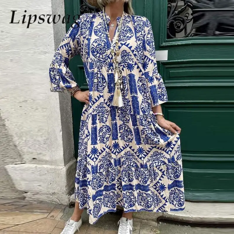 

Bohemia Geometry Print Loose Shirt Dress Casual Flare Sleeve Autumn Beach Pullover Dress Women Fashion V Neck Long Party Dresses