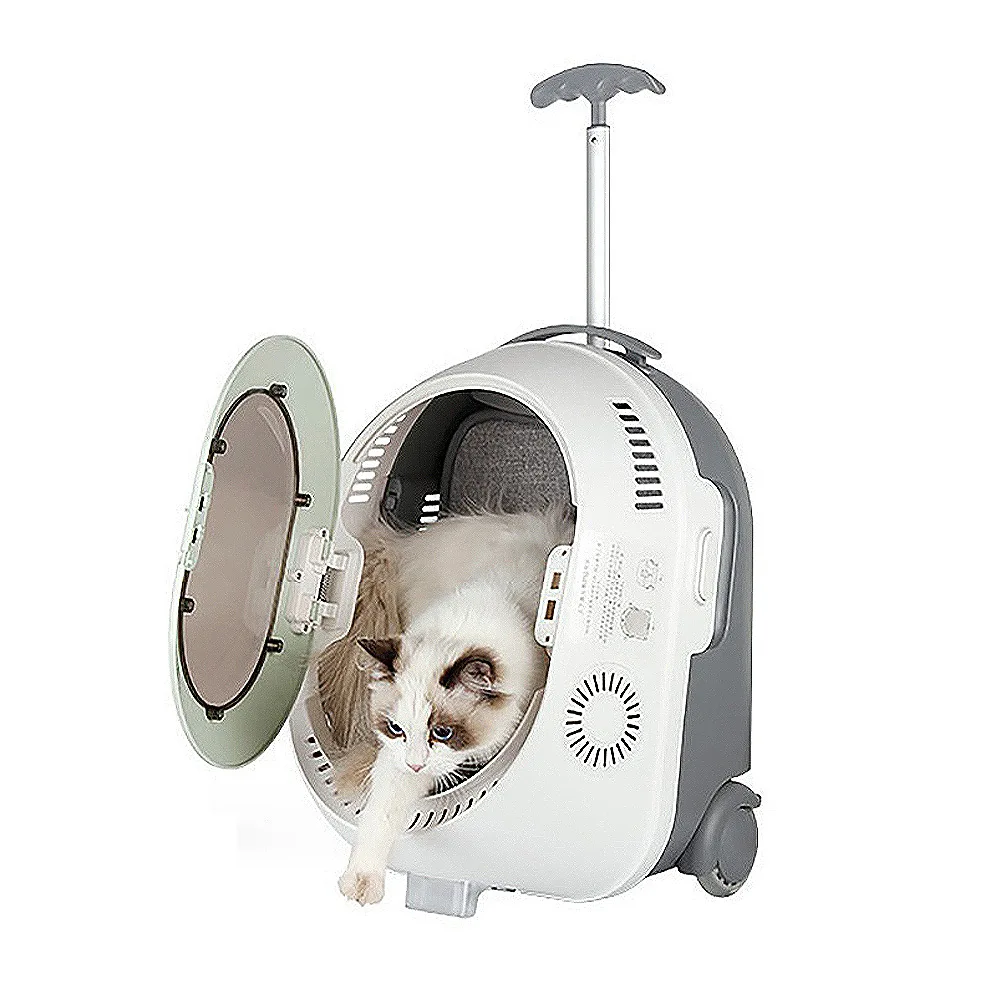 

Cat Carrier Backpack with Wheels Ventilate Transparent Puppy Rolling Bag with Fan and Light Airline-Approved Pet Stroller