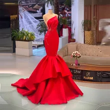 

Red Elegant Mermaid Evening Dresses Sleeveless Sequins Shiny Tiered Ruffles Plus Size Women Long Formal Prom Gowns Custom Made