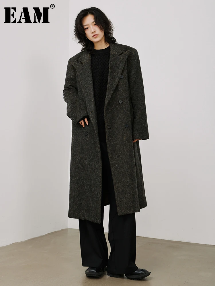 

[EAM] Loose Fit Dark Green Big Size Woolen Coat New Lapel Long Sleeve Women Jacket Fashion Tide Autumn Winter 2023 1DH0060