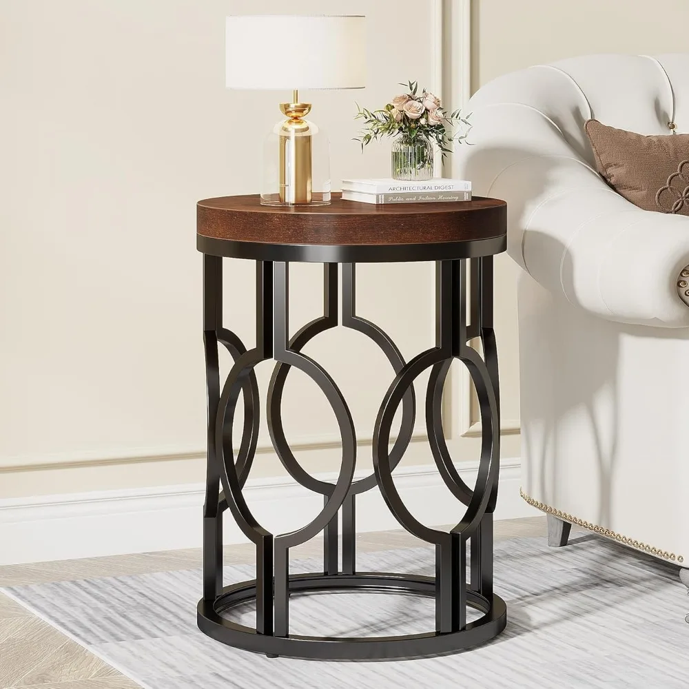 Round End Table Set of 2,  Industrial Side Table with Metal Hollow Frame 3