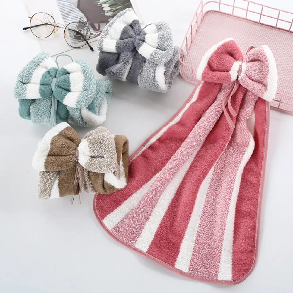

Cute Bowknot Coral Velvet Hand Towel Soft Wipe Dishcloths Hanging Absorbent Cloth Kitchen Tools Bathroom Accessories