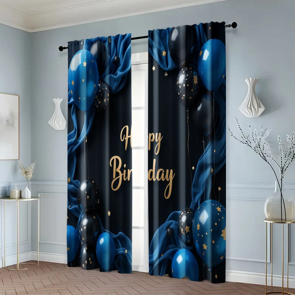 2pcs, Popular Curtains 2D print Happy Birthday Blue & Black Fabric (without rod) Decorations Clearance Perfect for Kitchen 6