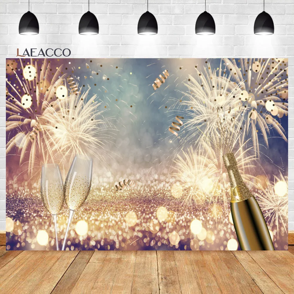

Laeacco Happy New Year Photo Backdrop Gold Champagne Fireworks Dreamy Light Bokeh Kids Child Portrait Photography Background