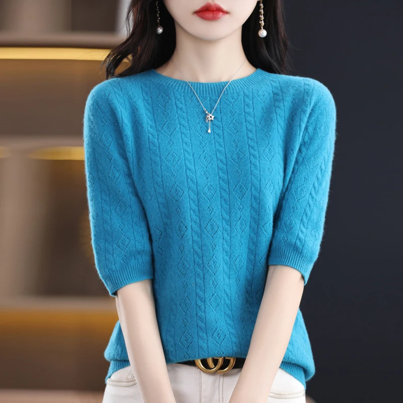 

Spring and Autumn 100% pure wool sweater women's round neck pullover hollowed-out cropped sleeve bottoming cashmere loose slim s