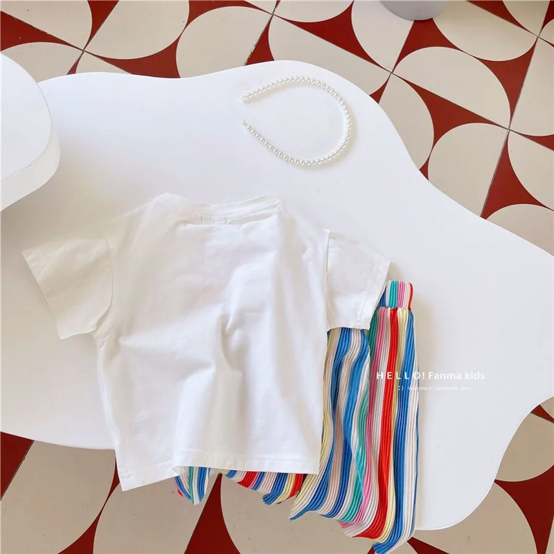 Girls T-shirt Sets Summer Children Clothing Suits Kids Rainbow Print Short Sleeve Outfits Teen Thin Tops+Pants 2Pcs 2-8 Years - 5