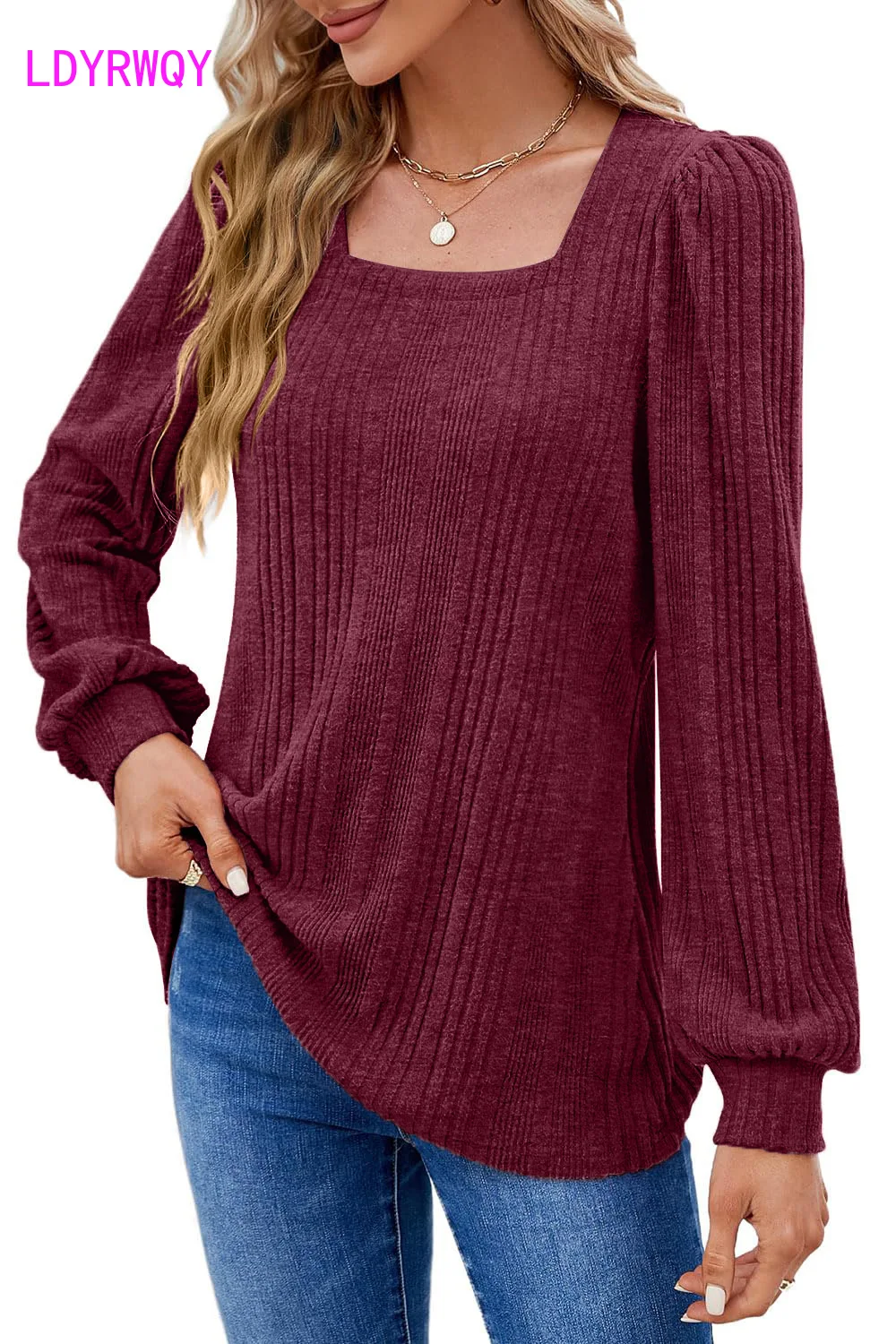 

Autumn and Winter New Women's Pit Stripe Square Neck Fashion Casual Long Sleeve Top T-shirt