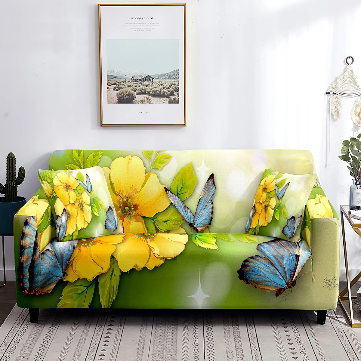 

Yellow Rose Sofa Cover Blue Butterfly Printed Washable Furniture Protector Decoration Plant Botanical Themed Stretch Couch Cover