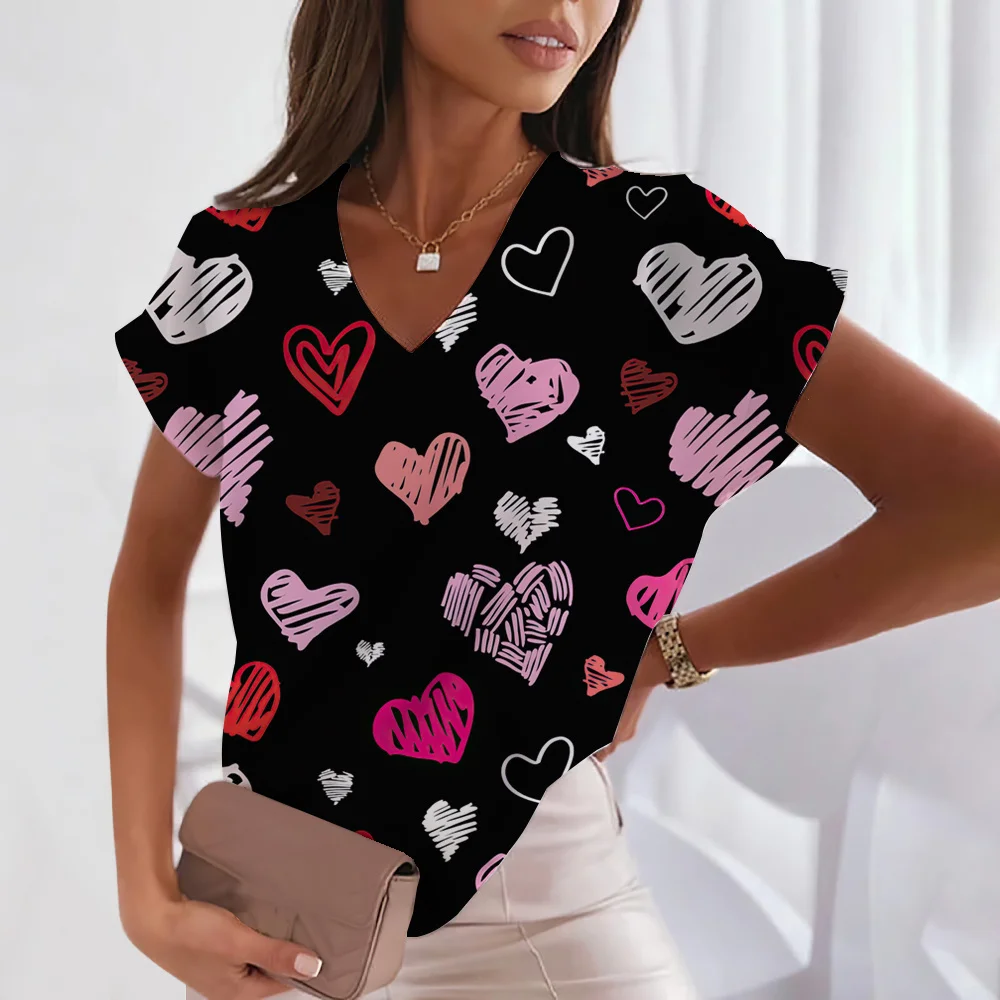 

T Shirt For Women Love Print Girls Clothes Summer V Neck Casual Short Sleeve Tops Harajuku Blouse Female Oversized Sweatshirt