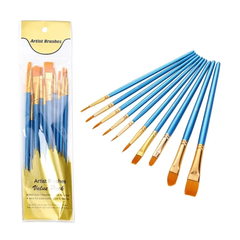 10Pcs Painting Brushes Set Art Round Flat Hair Nylon Hair Paint Brush Pen Oil Acrylic Watercolor School Art Stationery Supplies