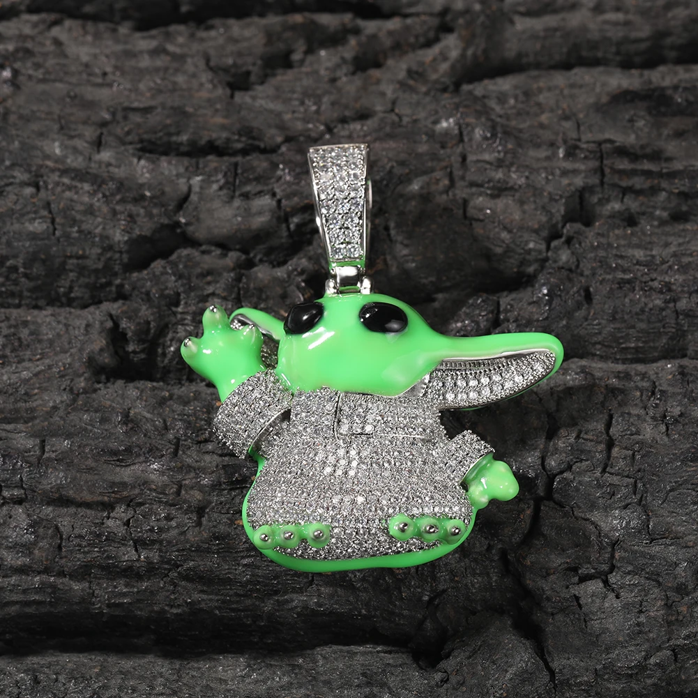 Uwin Cute Big Ear Alien Charms Iced Out Green Luminous CZ Necklaces For Women Man Hip Hop Jewelry